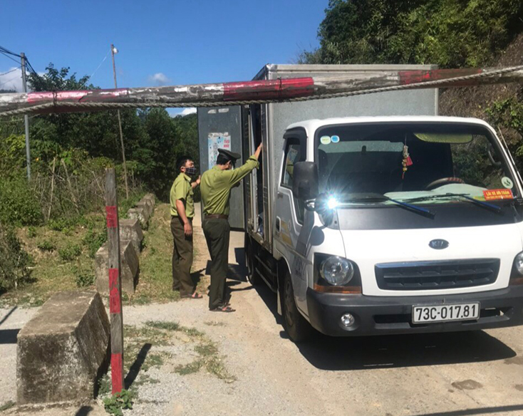 Lực lượng liên ngành tại chốt kiểm tra, kiểm soát lâm sản tại bản Hóa Lương, xã Hóa Sơn đang kiểm tra phương tiện ra vào xã.