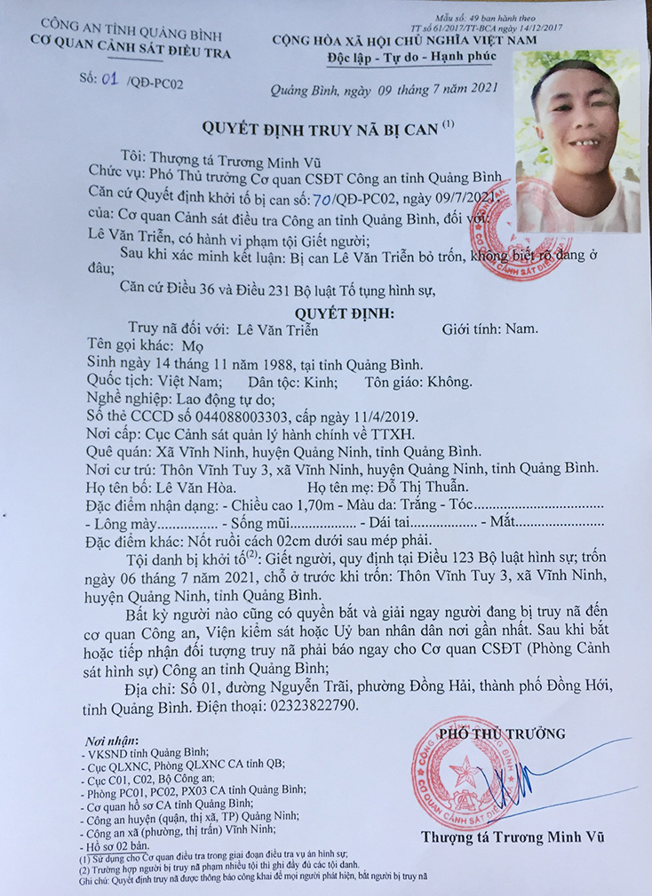 Quyết định truy nã bị can Lê Văn Triển của Cơ quan Cảnh sát Điều tra Công an tỉnh.