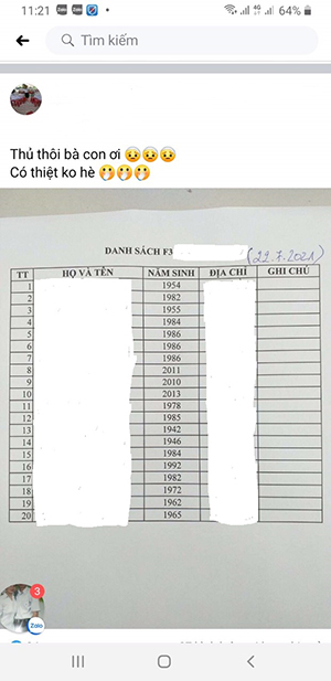 Thông tin cá nhân các trường hợp liên quan đến BN 69990 được chia sẻ tràn lan trên mạng xã hội Facebook.