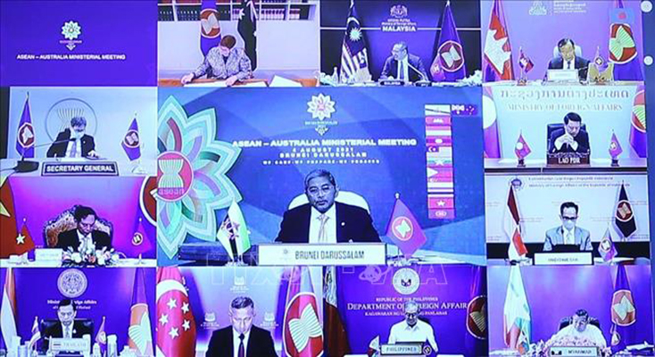  Bộ trưởng Ngoại giao các nước tham dự Hội nghị Bộ trưởng Ngoại giao ASEAN – Australia theo hình thức trực tuyến. Ảnh: Phạm Kiên/TTXVN