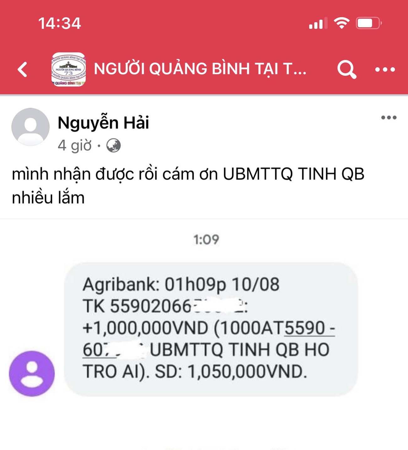 Bà con Quảng Bình tại TP. Hồ Chí Minh và các tỉnh phía Nam nhận tiền hỗ trợ của tỉnh.