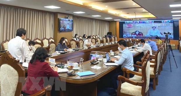  Quang cảnh hội nghị tại điểm cầu Hà Nội. (Ảnh: TTXVN phát)