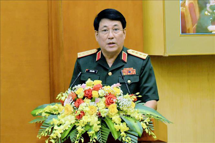 Đại tướng Lương Cường, Chủ nhiệm Tổng cục Chính trị QĐND Việt Nam phát động thi đua. Ảnh: TTXVN phát