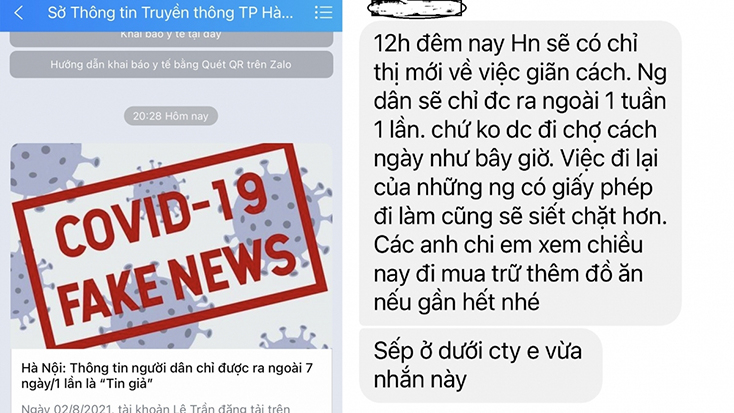 Thông tin “Hà Nội siết quy định chỉ cho người dân được ra ngoài 7 ngày/1 lần” được nhiều người chia sẻ trên mạng xã hội và ngay lập tức được Sở TT&TT Hà Nội khẳng định là tin giả.