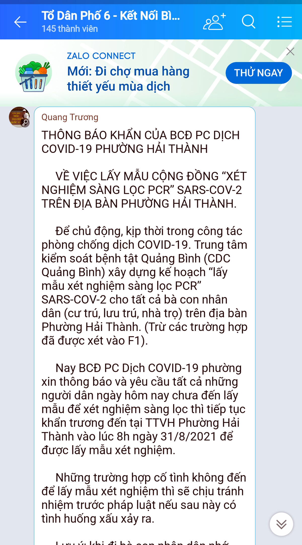 Nhóm Zalo “Tổ dân phố 6 - Kết nối bình yên” chia sẻ thông tin chống dịch...