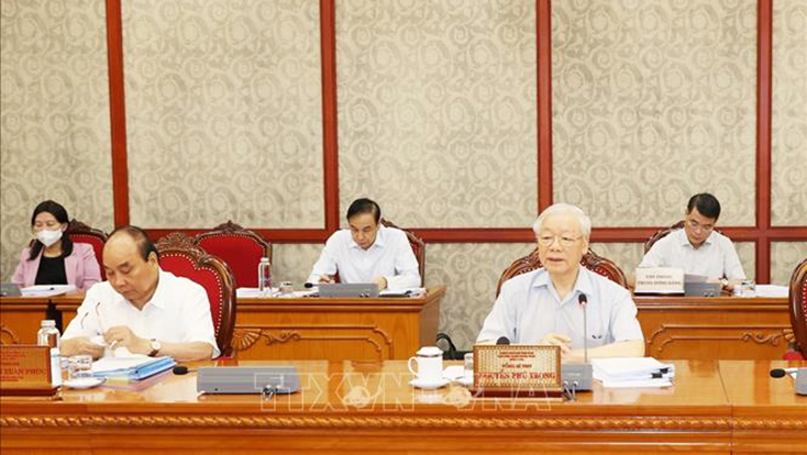 Tổng Bí thư Nguyễn Phú Trọng phát biểu kết luận cuộc họp. Ảnh: Trí Dũng/TTXVN