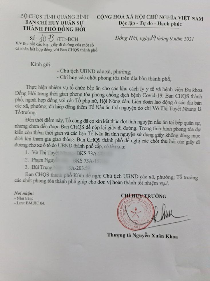 Công văn của Ban Chỉ huy quân sự TP. Đồng Hới đề nghị thu hồi giấy phép đi đường của các cá nhân phục vụ bếp ăn trong khu cách ly