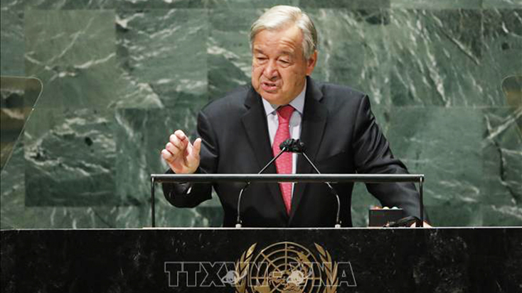 Tổng thư ký LHQ Antonio Guterres phát biểu tại phiên khai mạc khóa họp lần thứ 76 Đại hội đồng LHQ ở New York (Mỹ) ngày 21-9-2021. Ảnh: AFP/TTXVN