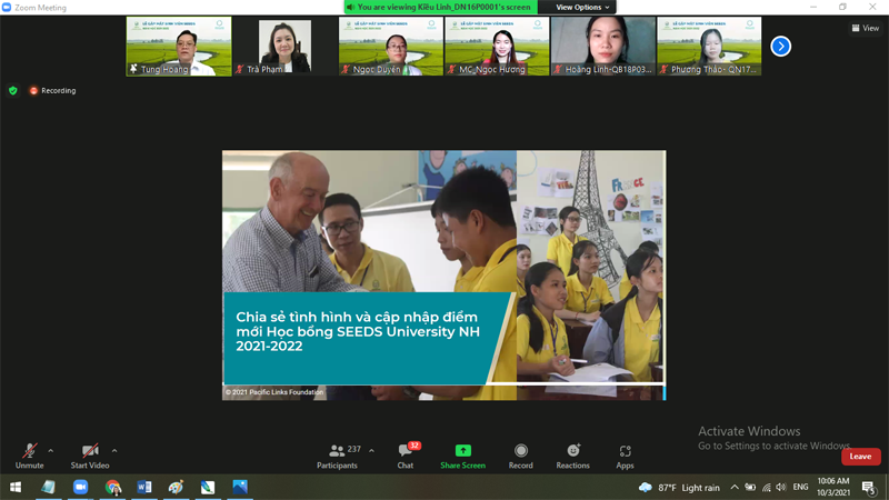 Toàn cảnh trực tuyến lễ gặp mặt sinh viên SEEDS năm học 2021-2022.