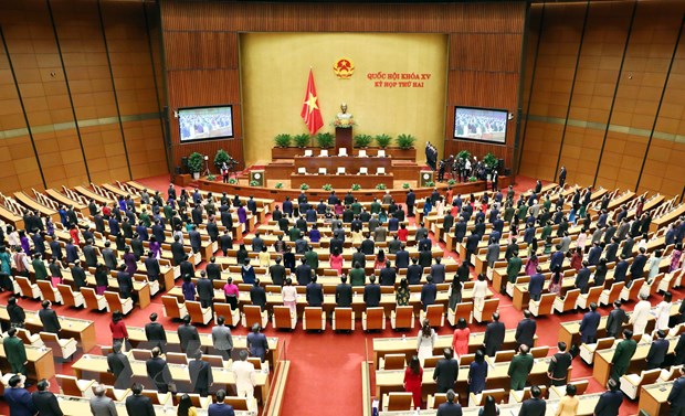 Các đại biểu Quốc hội thực hiện nghi lễ chào cờ tại phiên bế mạc. (Ảnh: Phạm Kiên/TTXVN)