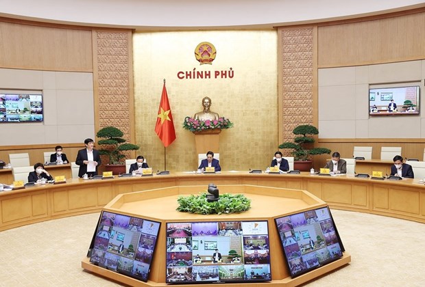 Quang cảnh cuộc họp Ban Chỉ đạo Quốc gia phòng, chống dịch COVID-19 tại điểm cầu Chính phủ. (Ảnh: Dương Giang/TTXVN)