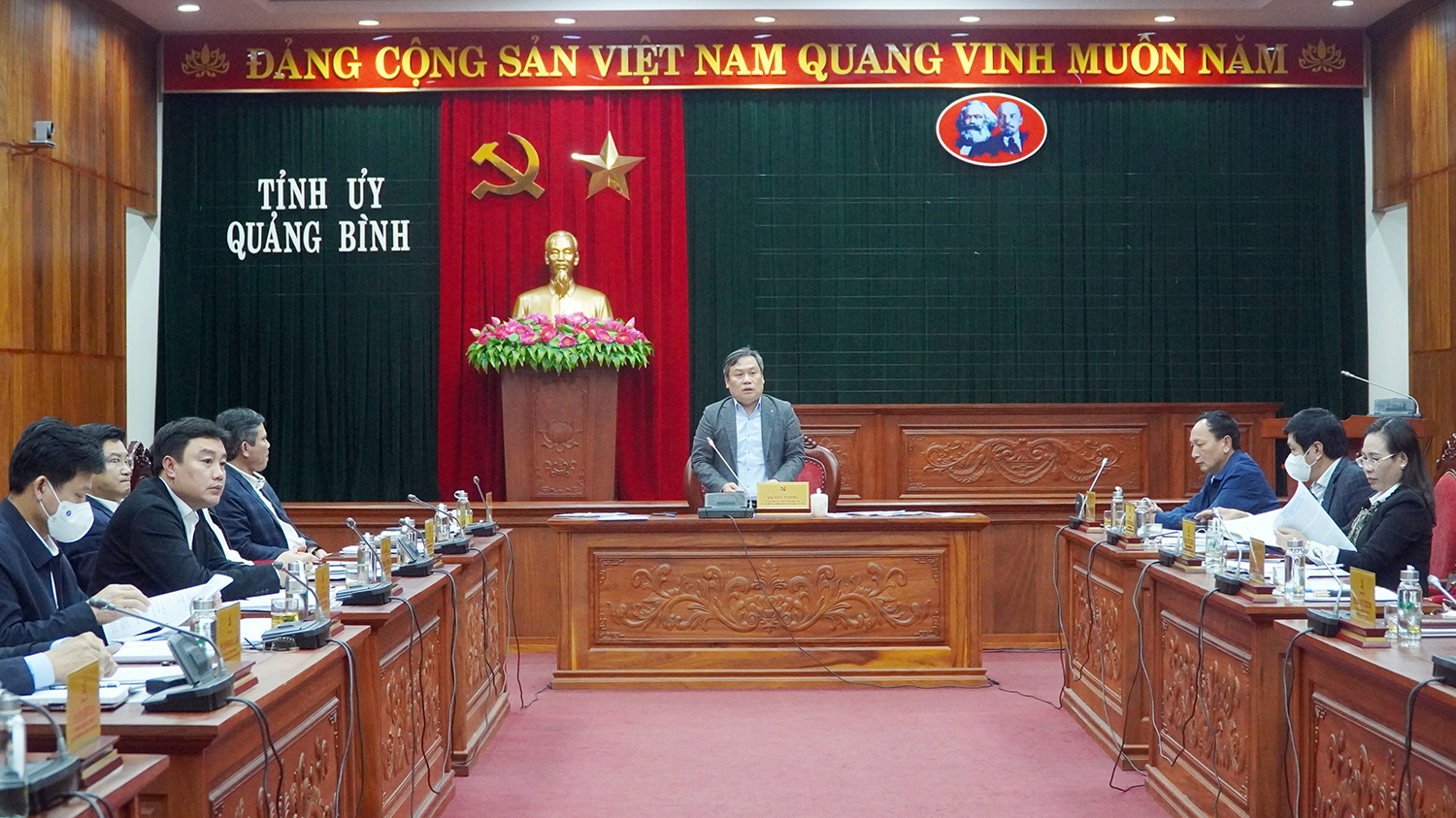 Đồng chí Bí thư Tỉnh ủy Vũ Đại Thắng phát biểu tại hội nghị.