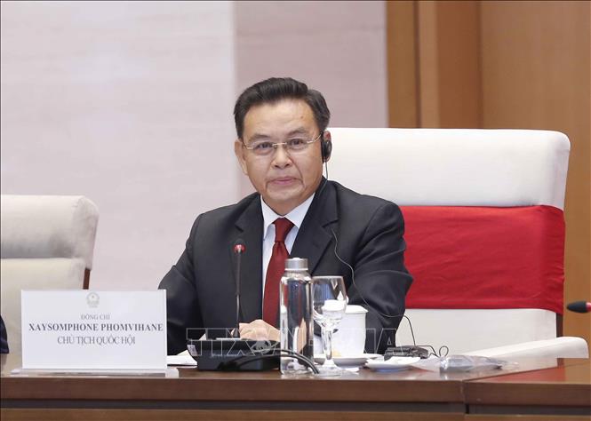 Chủ tịch Quốc hội nước Cộng hòa Dân chủ Nhân dân Lào Saysomphone Phomvihane phát biểu tại buổi hội đàm. Ảnh: Doãn Tấn/TTXVN