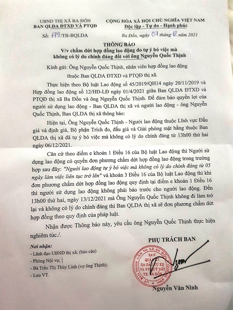 Thông báo của Ban Quản lý Dự án ĐTXD-PTQĐ TX. Ba Đồn về việc chấm dứt hợp đồng không rõ lý do