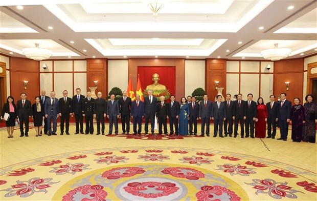Tổng Bí thư Nguyễn Phú Trọng cùng các lãnh đạo Đảng, Nhà nước và các đại biểu tại buổi lễ. (Ảnh: Trí Dũng/TTXVN)