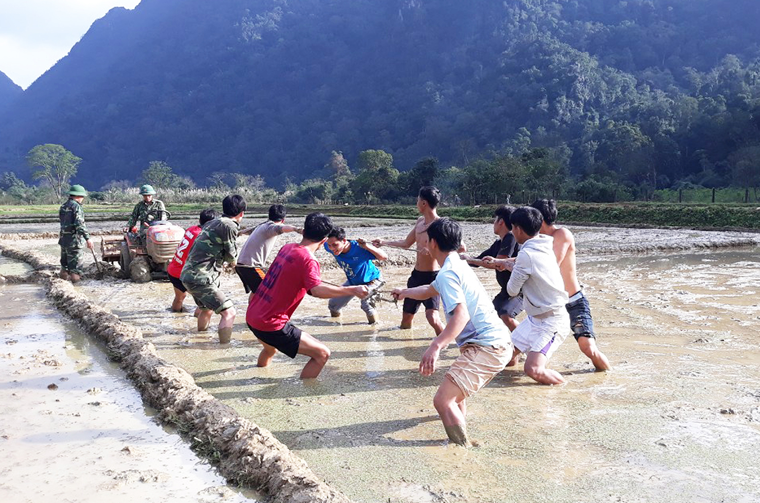 Bộ đội và dân bản cùng nhau đưa máy cày xuống ruộng.