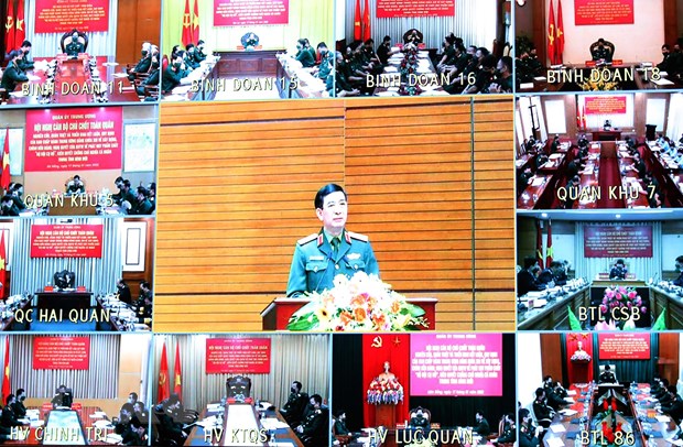 Các điểm cầu trong toàn quân dự hội nghị. (Ảnh: Trọng Đức/ TTXVN)