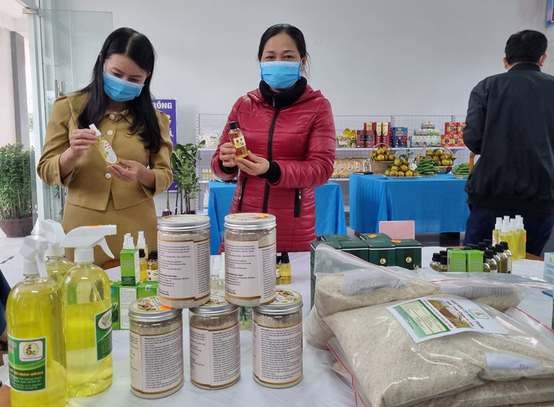Khách hàng tham quan điểm trưng bày, giới thiệu nông sản.
