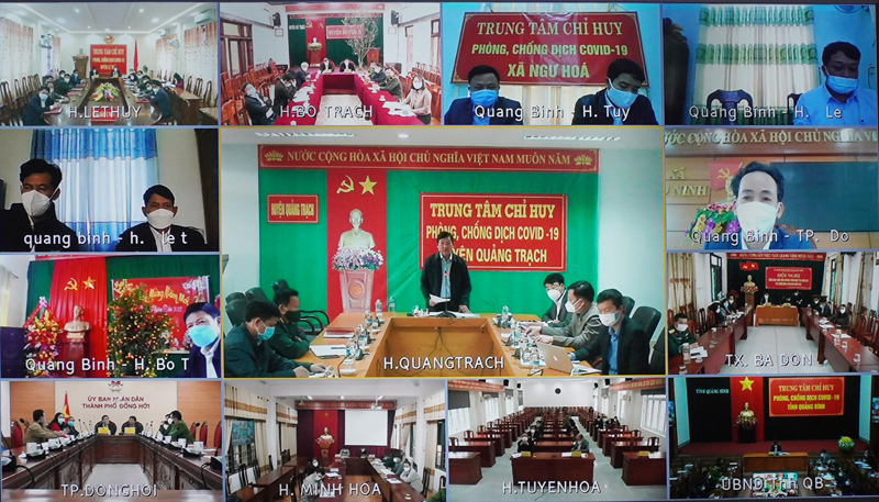 Điểm cầu huyện Quảng Trạch trao đổi tình hình điều trị F0 tại nhà.