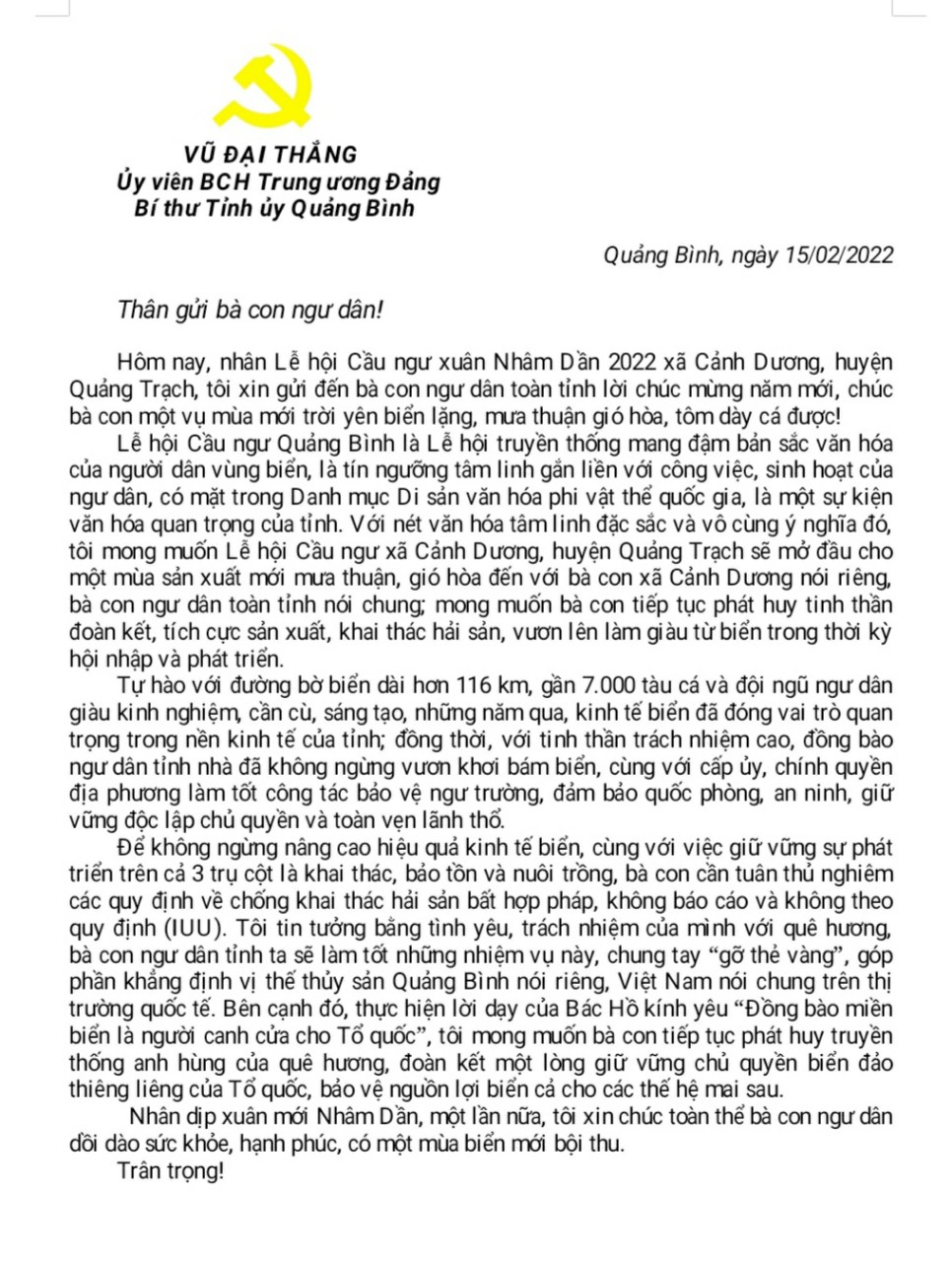 Thư động viên ngư dân của đồng chí Bí thư Tỉnh ủy
