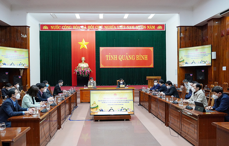 Quang cảnh hội nghị tại điểm cầu Quảng Bình.