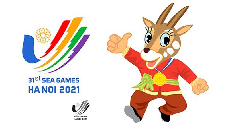 Biểu trưng Cánh chim bay lên-bàn tay chữ V và linh vật (Sao La) của SEA Games 31. 