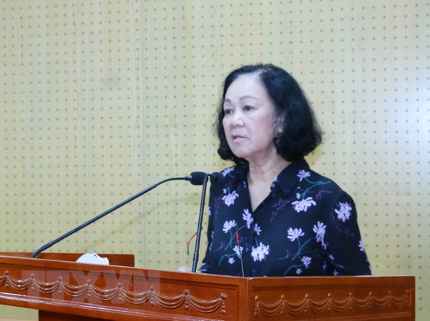 Bà Trương Thị Mai, Ủy viên Bộ Chính trị, Bí thư Trung ương Đảng, Trưởng Ban Tổ chức Trung ương phát biểu chỉ đạo Hội nghị. (Ảnh: Phương Hoa/TTXVN)