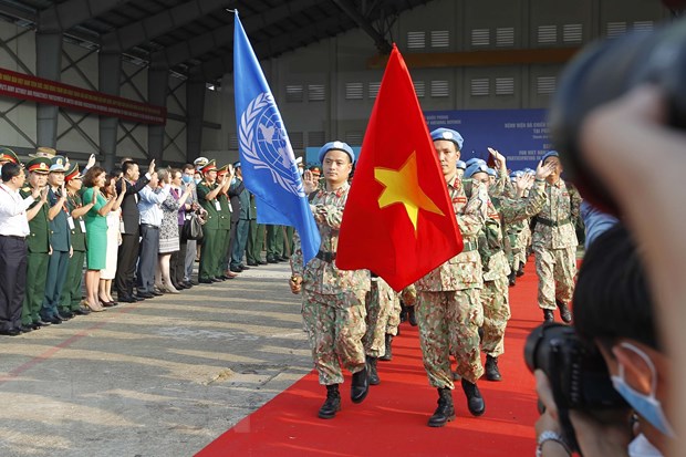 Nghi lễ xuất quân Bệnh viện dã chiến cấp 2 số 3 lên đường làm nhiệm vụ tại Bentiu, Nam Sudan hồi tháng 3/2021. (Ảnh: Thanh Vũ/TTXVN)