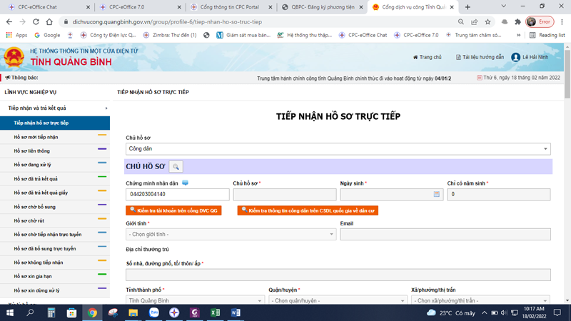 Giao diện chính của cổng dịch vụ công trực tuyến tỉnh Quảng Bình