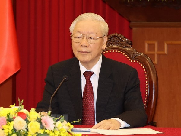 Tổng Bí thư Nguyễn Phú Trọng điện đàm với Thủ tướng Đức Olaf Scholz. (Ảnh: Trí Dũng/TTXVN)