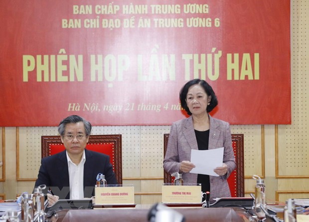 Bà Trương Thị Mai, Ủy viên Bộ Chính trị, Bí thư Trung ương Đảng, Trưởng Ban Tổ chức Trung ương, Trưởng Ban Chỉ đạo phát biểu. (Ảnh: Phương Hoa/TTXVN)