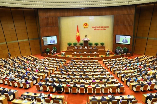 Sáng 23/5, kỳ họp thứ ba, Quốc hội khóa XV khai mạc trọng thể tại Hội trường Diên Hồng, Nhà Quốc hội, Thủ đô Hà Nội. (Ảnh: Văn Điệp/TTXVN)