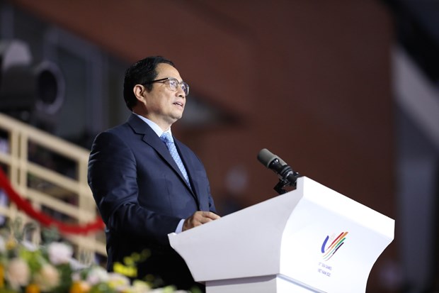Thủ tướng Phạm Minh Chính phát biểu và tuyên bố bế mạc SEA Games 31. (Ảnh: TTXVN)