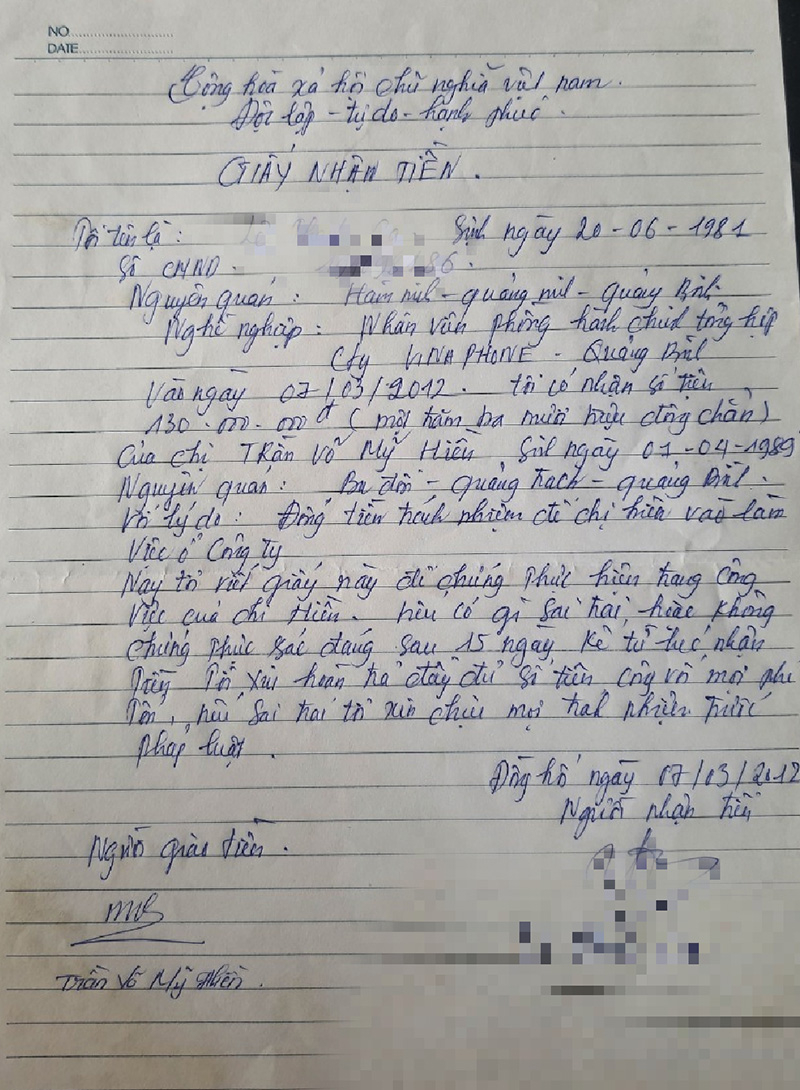 Giấy nhận tiền của do tài xế ông Đinh Sơn Kỳ nhận từ chị Hiền hứa  "chạy việc ".