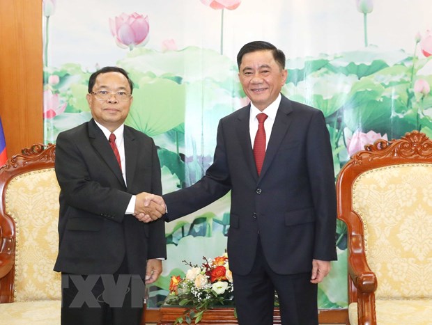 Chủ nhiệm Uỷ ban Kiểm tra Trung ương tiếp Đoàn đại biểu cấp cao Ban Kiểm tra Trung ương Đảng Nhân dân cách mạng Lào. (Ảnh: Phương Hoa/TTXVN)