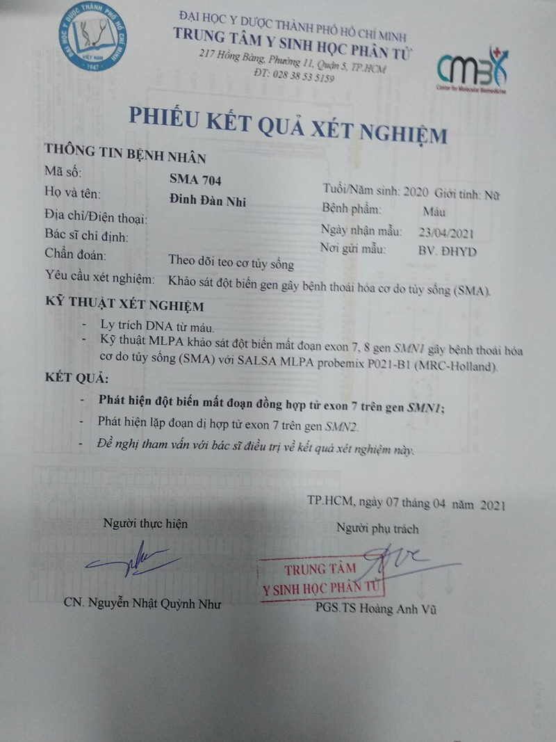 Phiếu xét nghiệm bé Đinh Đàn Nhi bị mắc chứng bệnh teo cơ tủy sống hiếm gặp.