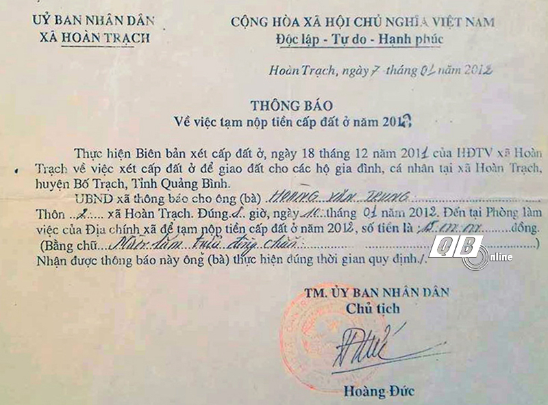 Giấy thông báo nộp tiền của ông Hoàng Văn Trung.