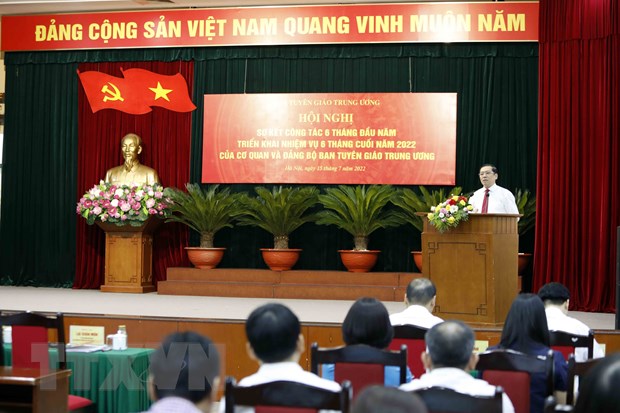 Hội nghị sơ kết công tác 6 tháng đầu năm, triển khai nhiệm vụ 6 tháng cuối năm 2022 của Ban Tuyên giáo Trung ương. (Ảnh: An Đăng/TTXVN)