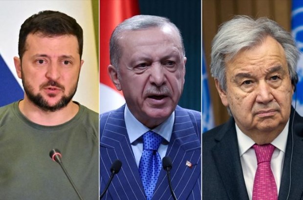 Tổng Thư ký Liên hợp quốc Antonio Guterres (phải), Tổng thống Thổ Nhĩ Kỳ Recep Tayyip Erdogan (giữa) và nhà lãnh đạo Ukraine Volodymyr Zelensky. (Nguồn: aljazeera.com)