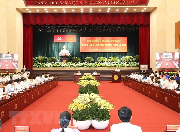 Toàn cảnh Tổng Bí thư Nguyễn Phú Trọng phát biểu kết luận tại buổi làm việc. (Ảnh: Trí Dũng/TTXVN)