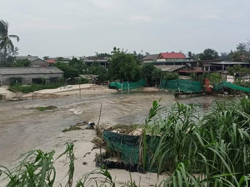 Ao nuôi cá lóc tại thôn Bắc Hoà, xã Ngư Thuỷ Bắc bị vỡ khiến cá bị cuốn trôi.