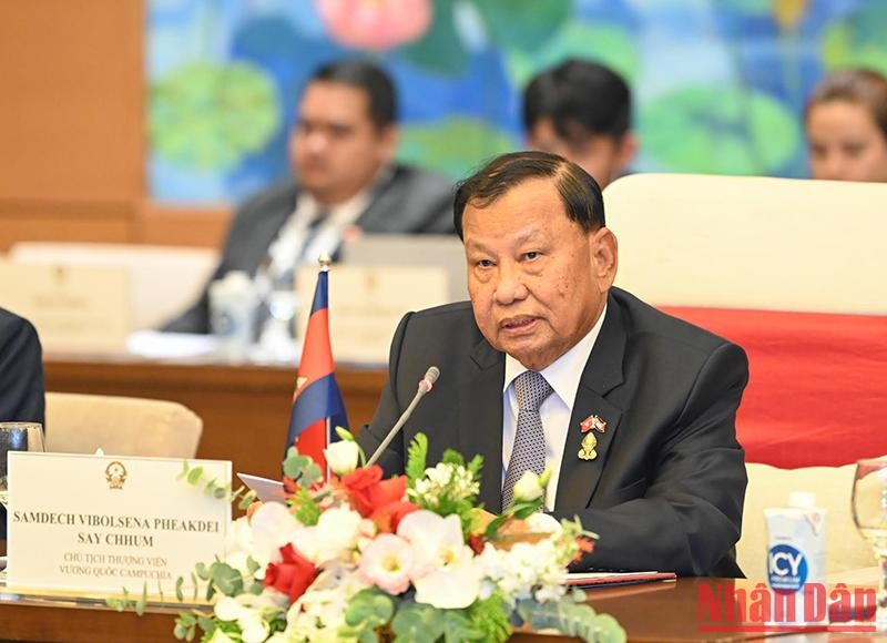Chủ tịch Thượng viện Vương quốc Campuchia Samdech Say Chhum phát biểu tại buổi hội đàm. (Ảnh: Duy Linh)