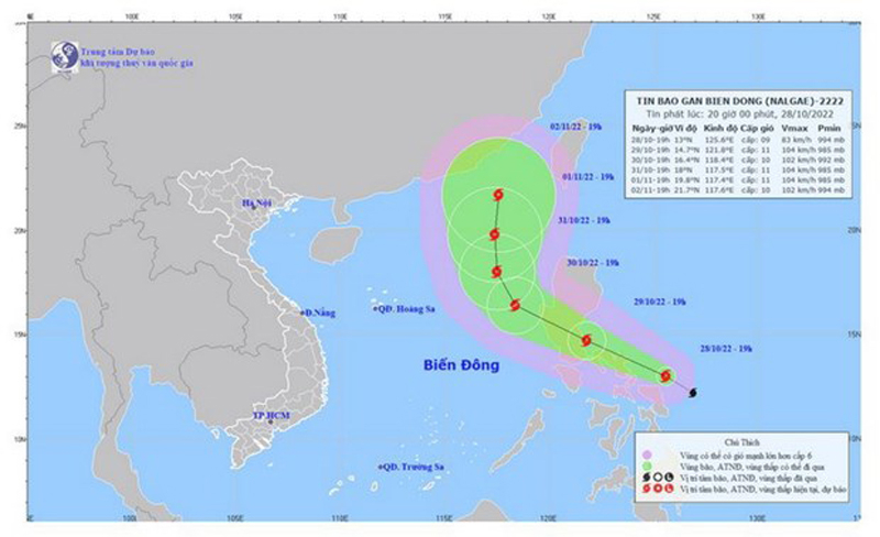 Vị trí và đường đi của bão Nalgae. (Nguồn: Trung tâm Dự báo Khí tượng Thủy văn Trung ương)