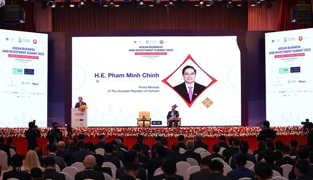 Thủ tướng Phạm Minh Chính phát biểu tại Hội nghị thượng đỉnh kinh doanh và đầu tư ASEAN 2022. (Ảnh: Dương Giang/TTXVN)