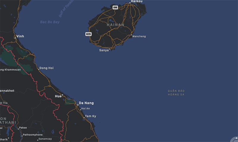 Quần đảo Hoàng Sa và Trường Sa đã được Apple Maps bổ sung trên dữ liệu bản đồ. (Ảnh chụp màn hình)
