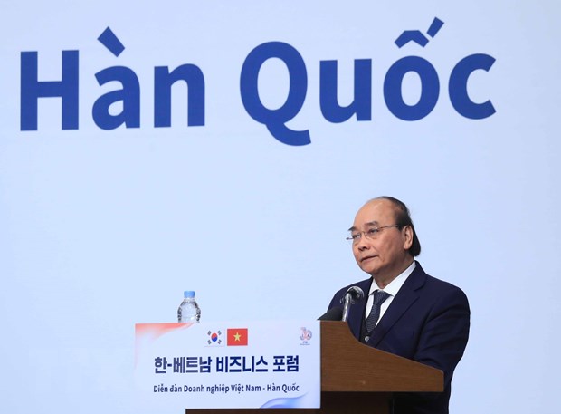 Chủ tịch nước Nguyễn Xuân Phúc dự Diễn đàn Doanh nghiệp Việt Nam-Hàn Quốc. (Ảnh: Thống Nhất/TTXVN)