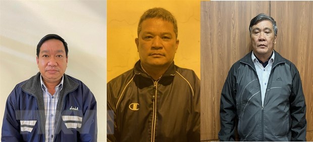 Các bị can (từ trái qua phải): Lê Anh Huy, Phạm Duy Cường; Nguyễn Văn Phong. (Ảnh: TTXVN phát)