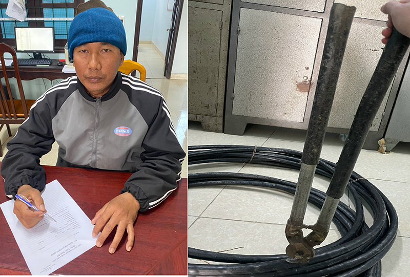 Đối tượng Võ Lân và tang vật liên quan đến vụ trộm.