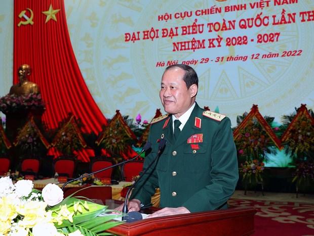 Thượng tướng Bế Xuân Trường, Chủ tịch Hội Cựu chiến binh Việt Nam phát biểu bế mạc đại hội. (Ảnh: Trọng Đức/TTXVN)