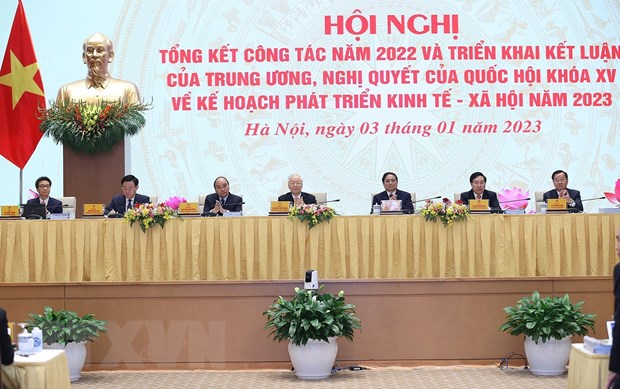 Tổng Bí thư Nguyễn Phú Trọng; Chủ tịch nước Nguyễn Xuân Phúc; Chủ tịch Quốc hội Vương Đình Huệ; Thủ tướng Phạm Minh Chính và các Phó Thủ tướng dự, chủ trì và điều hành hội nghị. (Ảnh: Dương Giang/TTXVN)